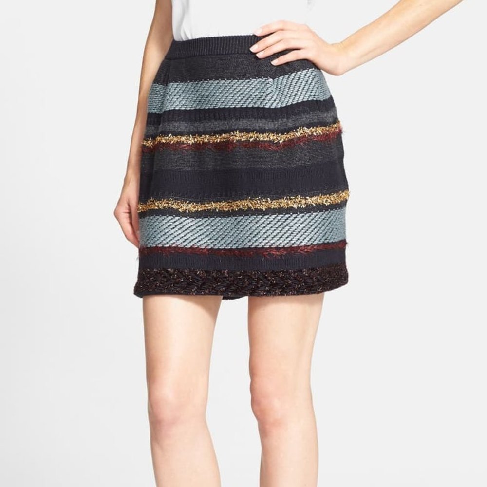 ✨Tory Burch Wool Stripe Skirt Holiday Winter Fall Fun Party Black Gold Silver